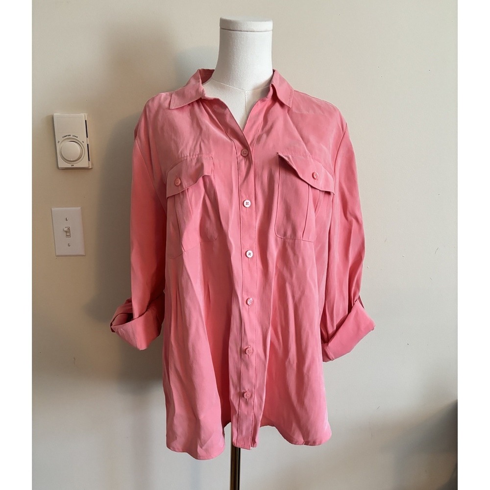 Chicos 2 Womens Large Button Up Shirt Salmon Pink Coastal Beach Summer Casual
